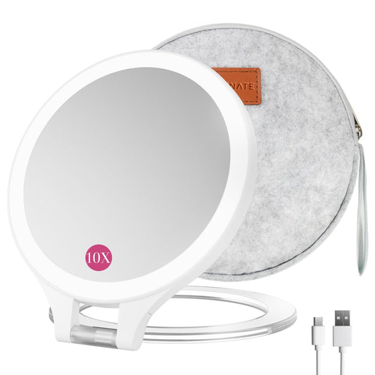 Magnifying Mirror with Light 10X/1X Double Sided Travel Mirror with Light Rechargeable Makeup Mirror with 3 Color Setting Adjustable Stand Lighted Mirror Vanity Portable Desk Cosmetic Mirror